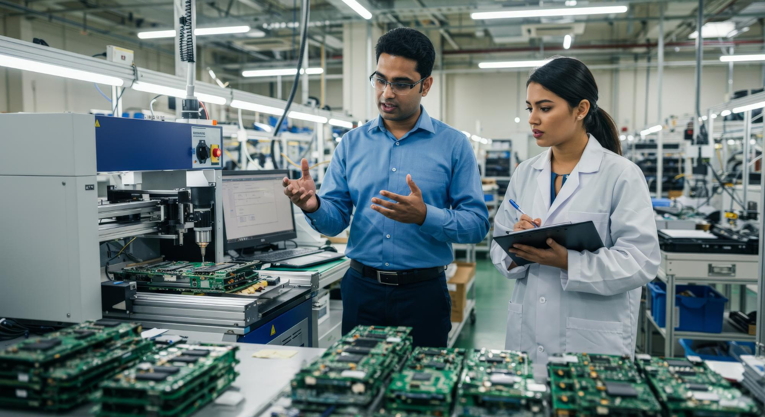 Engineers reviewing circuit boards on a semiconductor production line